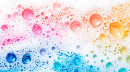 This vibrant image showcases a beautiful array of soap bubbles in multiple colors. The bright, playful background creates a lively and cheerful atmosphere, perfect for a variety of creative projects.の素材
