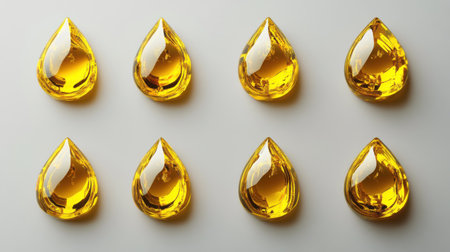 A captivating arrangement of glossy yellow oil drops on a clean white background, highlighting their vibrant color and smooth texture. Ideal for art and design projects.の素材
