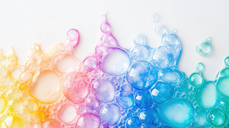 A vibrant arrangement of colorful soap bubbles on a light surface, showcasing bright hues and playful shapes. Perfect for designs emphasizing freshness and creativity.の素材