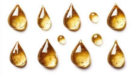 A collection of brown liquid droplets showcasing transparency and texture on a clean white background, ideal for creative projects and design applications.の素材