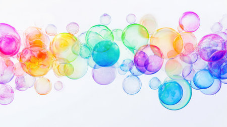 This image showcases a mesmerizing collection of colorful soap bubbles floating gracefully against a white backdrop, creating a joyful and vibrant atmosphere.の素材