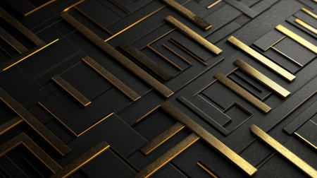 Discover an elegant black and gold abstract pattern featuring geometric shapes and lines, perfect for modern decor, design projects, and creative backgrounds.の素材