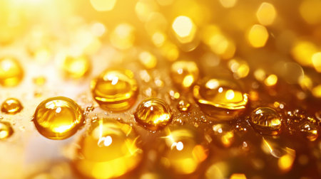 This stunning image features glimmering water drops on a shimmering golden surface, capturing the interplay of light and color in a mesmerizing way.の素材