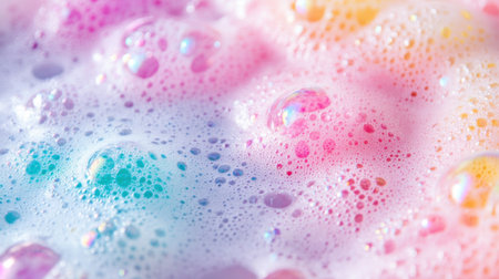 This image showcases an abstract view of colorful soap bubbles in soft pink and blue hues. The delicate textures and vibrant colors create a dreamy atmosphere, perfect for artistic projects.の素材