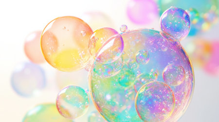 A captivating display of colorful soap bubbles showcasing iridescent reflections and a soft light. Perfect for conveying themes of joy, playfulness, and beauty.の素材
