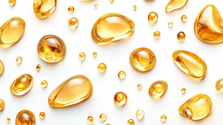 A collection of transparent oil drops arranged artistically on a white background. The shimmering droplets create a minimalist and elegant aesthetic, perfect for beauty and wellness themes.の素材