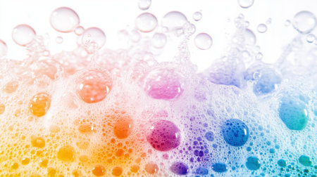 Vibrant bubbles and foam create a joyful atmosphere on a bright background, capturing the essence of cleanliness, freshness, and creativity in a colorful display.の素材