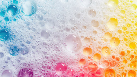 This vibrant image features colorful water bubbles amidst sparkling foam, creating an engaging abstract texture perfect for various design projects or promotional materials.の素材
