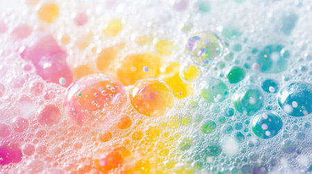 A vibrant abstract background featuring colorful soap bubbles in soft focus. This image captures the playful essence of light reflecting off bubbles, creating a dreamy atmosphere.の素材