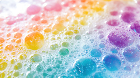 Colorful foam with rainbow bubbles creates a vibrant and artistic background. The playful arrangement of bubbles enhances the visual appeal and invites creativity.の素材