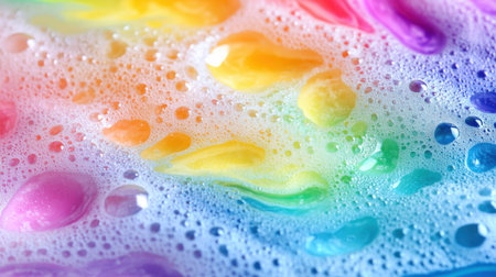 Colorful foam bubbles create an eye-catching rainbow effect on a liquid surface. The vibrant hues and textures evoke playfulness and creativity, perfect for artistic projects.の素材
