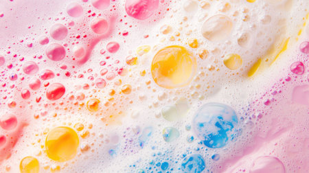 Colorful foam bubbles create a vibrant abstract background, showcasing a seamless blend of colors and textures. Perfect for artistic and design projects.の素材