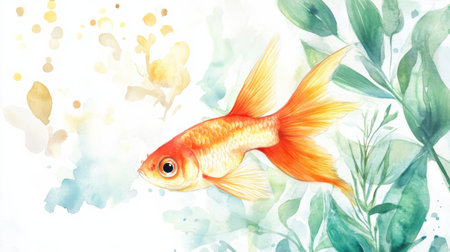 A stunning illustration of a goldfish surrounded by watercolor plants, showcasing vibrant colors and gentle waves, perfect for nature and aquatic-themed art.の素材