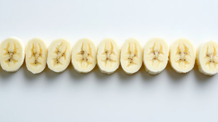 Neatly sliced bananas are artistically arranged on a white surface, highlighting their vibrant color and texture. Perfect for healthy eating themes or recipe inspiration.の素材