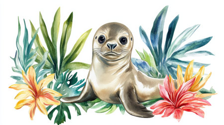 A charming illustration of a playful seal lounging among vibrant tropical plants and flowers, capturing the essence of marine wildlife in a beautiful way.の素材