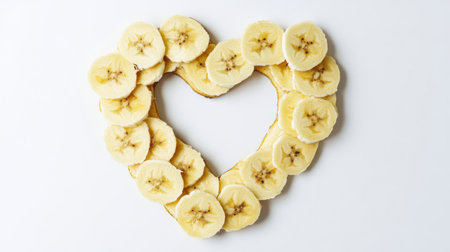 An artistic display of fresh sliced bananas arranged in a heart shape, symbolizing love and wellness. Perfect for food-themed projects or health-related content.の素材