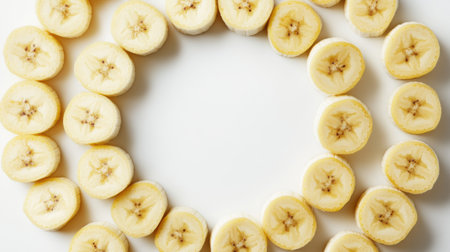 A stunning circular arrangement of fresh banana slices creates an appealing top view. This vibrant, healthy image captures the natural beauty of fruit on a clean, white surface.の素材