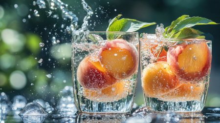 Two glasses filled with fresh peaches and sparkling water creating delightful splashes, perfect for summer refreshment and vibrant outdoor enjoyment.の素材