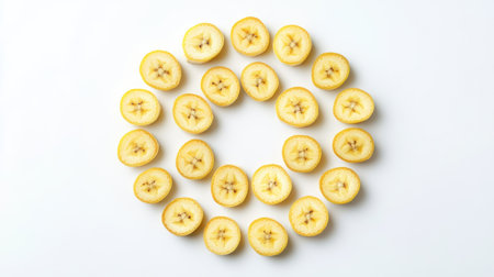 A vibrant arrangement of sliced bananas showcases their rich yellow color and freshness. Ideal for food-related themes, healthy recipes, and culinary designs.の素材