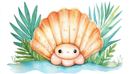 Adorable cartoon shell character nestled among tropical plants, evoking joy and playfulness. Perfect for children's decor, illustrations, or marine themes.の素材