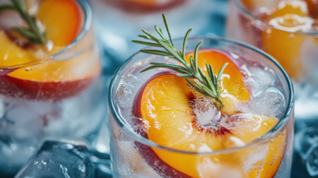 Vibrant cocktail featuring fresh peach slices and green rosemary, served over ice. Perfect for summer gatherings, this visually appealing drink invites refreshment and enjoyment.の素材