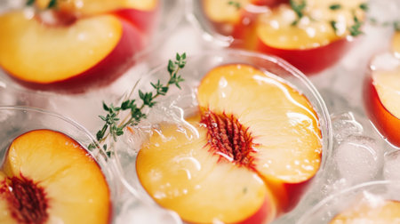 Delightful presentation of fresh peach slices garnished with thyme on ice in clear containers. A perfect summer snack for healthy eating and refreshing desserts.の素材