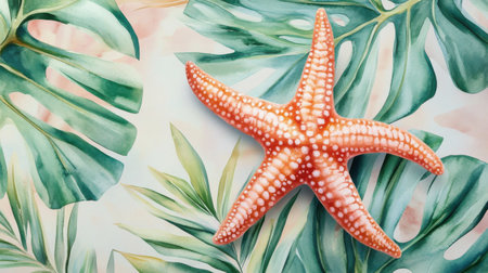 A vibrant starfish rests atop lush tropical leaves, showcasing the beauty of marine life intertwined with nature. Perfect for summer-themed designs.の素材