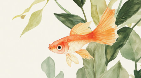 This artistic depiction features a golden fish swimming gracefully among lush green leaves, showcasing elegance and tranquility in nature. Perfect for decoration.の素材