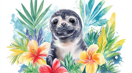This charming illustration features a cute seal surrounded by vibrant tropical flowers and lush green leaves, embodying a joyful marine environment.の素材