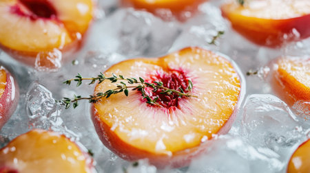 Experience the vibrant beauty of fresh peach halves resting on ice, accented by a sprig of thyme. Perfect for summer dishes and culinary presentations.の素材