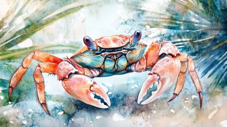 This vibrant watercolor illustration captures the essence of a crab, showcasing its detailed features against a tropical background. Perfect for art lovers.の素材