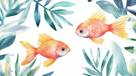 A charming illustration of goldfish swimming amidst lush green leaves. The watercolor style captures vibrant colors and creates a serene aquatic ambiance. Perfect for home decor or artistic projects.の素材