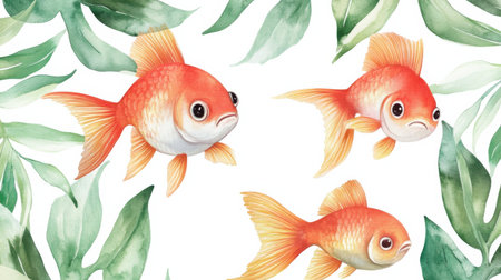 Charming illustration of colorful goldfish swimming among lush green leaves, ideal for aquatic-themed designs or nature-inspired projects.の素材