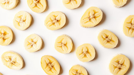 An artistic arrangement of freshly sliced bananas displayed on a white background. This vibrant image captures the natural texture and freshness, ideal for healthy food promotions or recipes.の素材