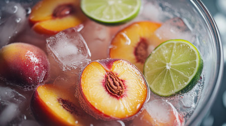 A close-up view of fresh peaches and limes in a bowl filled with ice, showcasing a refreshing beverage perfect for summer gatherings and picnics.の素材