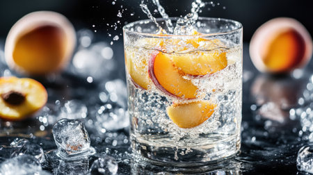 A sparkling glass of refreshing water with peach slices and ice cubes creates a delightful visual. Perfect for summer gatherings, this drink captures hydration and flavor.の素材