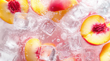 A vibrant display of juicy peach slices nestled in sparkling water with ice cubes. Perfect for summer refreshment, parties, or healthy drinks.の素材