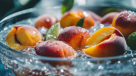 A vibrant bowl filled with fresh peaches surrounded by water bubbles and green leaves, creating a refreshing and appetizing summer scene. Perfect for food photography.の素材