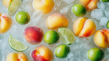 A refreshing display of peaches and limes resting on ice, perfect for summer beverages or healthy snacks. Vibrant colors enhance the visual appeal.の素材
