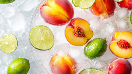 A vibrant summer drink featuring fresh peaches and limes over ice. This colorful composition highlights the refreshing qualities of summer beverages, perfect for gatherings.の素材