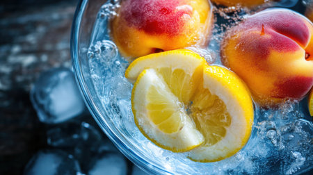 A stunning bowl of fresh peaches and lemon slices in cool water, surrounded by ice. Perfect for summer refreshment and healthy beverage ideas.の素材