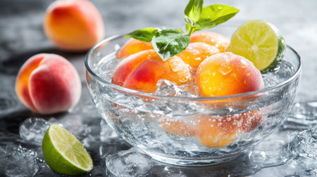 A vibrant bowl of ripe peaches and slices of lime set in cool ice water, garnished with fresh basil leaves, perfect for summer refreshment and healthy snacking.の素材