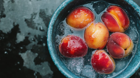 A vibrant bowl filled with fresh peaches resting in ice water, showcasing the natural beauty and freshness of summer fruits on a dark surface.の素材