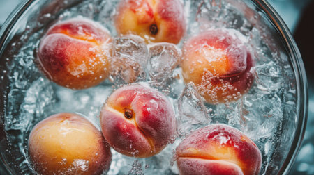 A beautiful overhead shot of fresh peaches nestled in ice, showcasing their vibrant colors and juicy appeal, perfect for summer recipes or healthy snack ideas.の素材