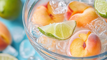 A vibrant and refreshing beverage featuring juicy peaches and zesty limes served in a clear glass bowl filled with ice. Perfect for summer enjoyment.の素材