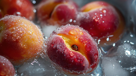 This close-up captures fresh peaches glistening with water droplets in an ice bath, showcasing their vibrant colors and inviting texture, perfect for culinary use.の素材