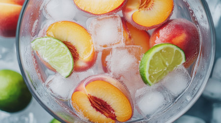 A vibrant overhead view of a refreshing summer drink featuring juicy peaches and citrus slices, served over ice. Perfect for warm days and gatherings.の素材