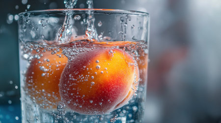 A close-up image of fresh peaches splashing into a glass of sparkling water, capturing the vibrant bubbles and refreshing moment. Perfect for summer themes.の素材