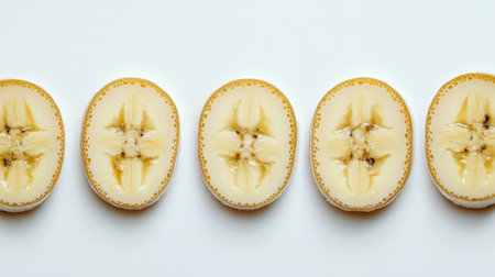 This image features a series of neatly sliced yellow fruit arranged horizontally on a clean white background, highlighting its natural beauty and texture.の素材