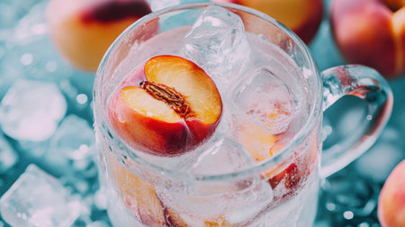 A refreshing peach drink served in a clear glass mug, filled with ice cubes, showcasing vibrant colors and a summer vibe perfect for a hot day.の素材